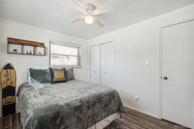 bedroom featuring dark wood-type flooring, a closet, and ceiling fan