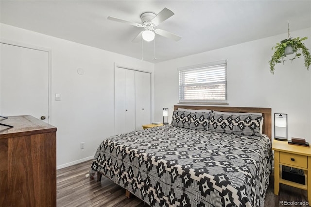 bedroom with wood-type flooring, ceiling fan, and a closet