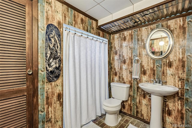 bathroom with sink, wooden walls, and toilet