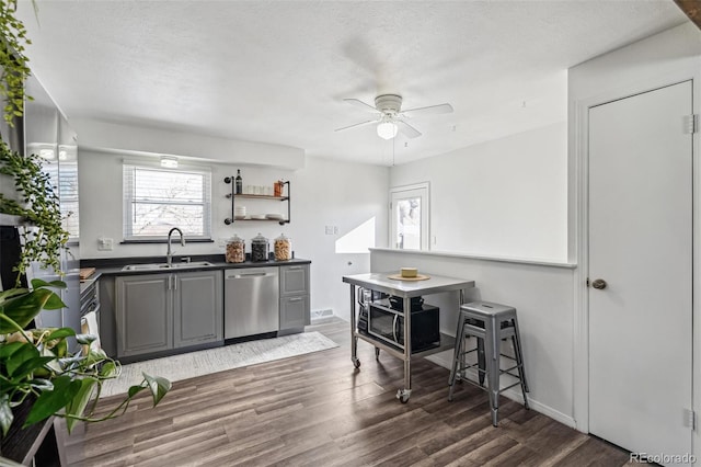 kitchen with dark wood finished floors, dark countertops, gray cabinetry, stainless steel dishwasher, and a sink