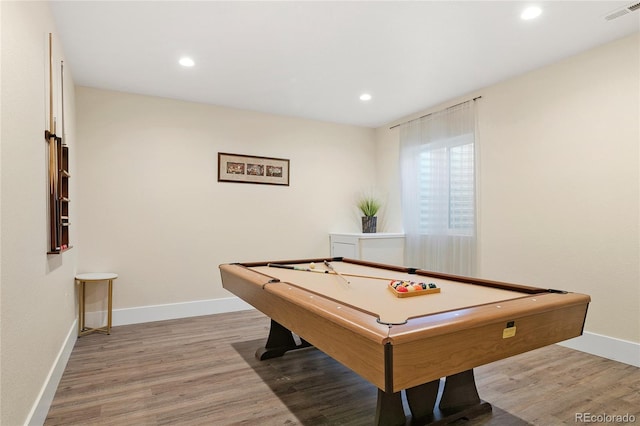 game room with baseboards, visible vents, wood finished floors, and pool table