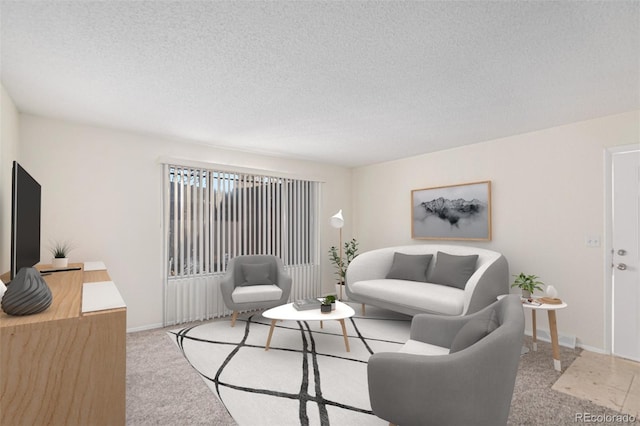 living room with light colored carpet and a textured ceiling