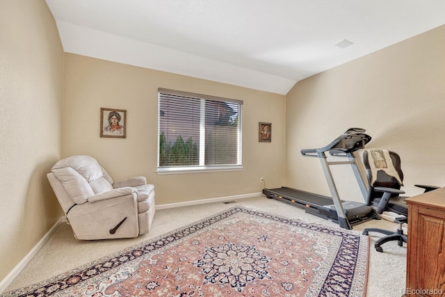 exercise room featuring carpet and vaulted ceiling