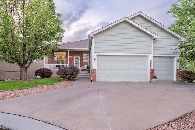 6245 Fencerail Hts, Colorado Springs, CO 80919 - ranch-style house with brick siding, concrete driveway, covered porch, an attached garage, and roof with shingles