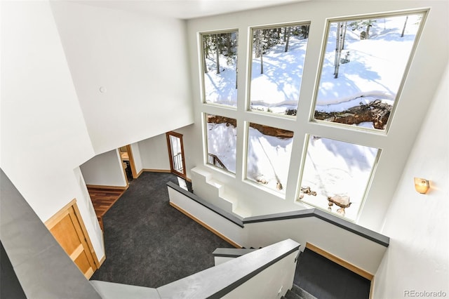 10508 Christopher Dr, Conifer, CO 80433 - staircase featuring plenty of natural light and carpet floors