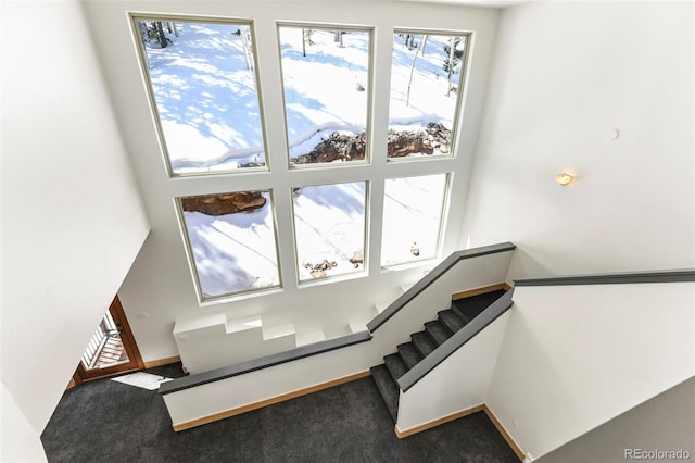 10508 Christopher Dr, Conifer, CO 80433 - stairway with carpet floors and a high ceiling