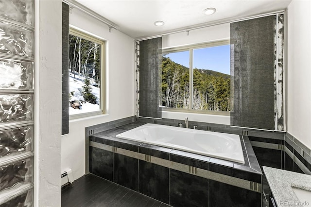 10508 Christopher Dr, Conifer, CO 80433 - bathroom featuring baseboard heating, a garden tub, healthy amount of natural light, and vanity