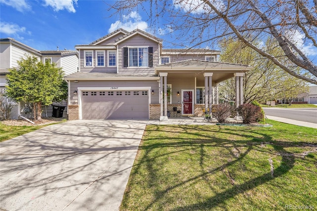 19447 E Bellisario Creek Dr, Parker, CO 80134 - traditional home with brick siding, driveway, a garage, and a front lawn