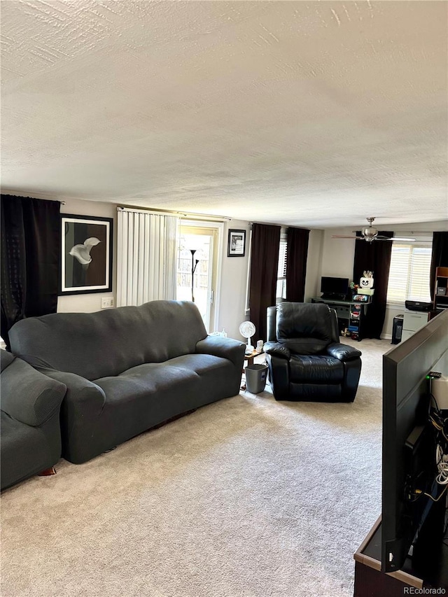 6616 S Lincoln St, Centennial, CO 80121 - living room with a textured ceiling, carpet, and ceiling fan