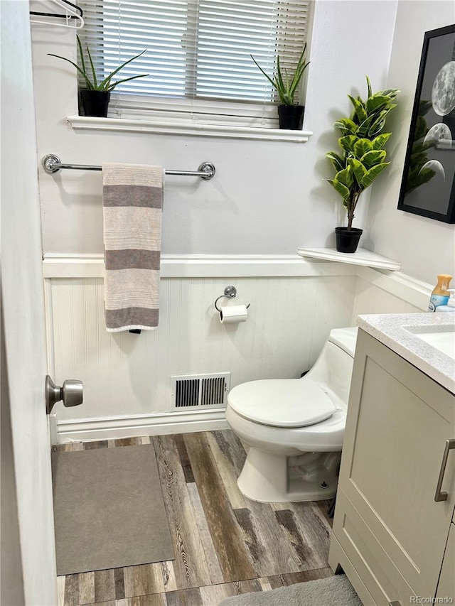 6616 S Lincoln St, Centennial, CO 80121 - bathroom with vanity, wood finished floors, and a wainscoted wall