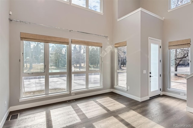 doorway featuring wood-type flooring and a towering ceiling