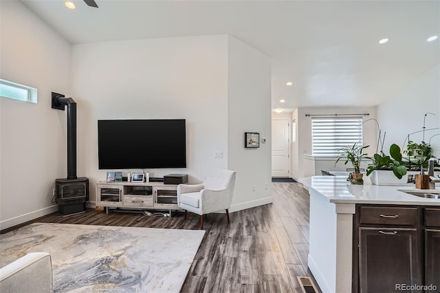 10095 E 59th Ave, Denver, CO 80238 - living area with dark wood-style flooring, recessed lighting, and a wood stove