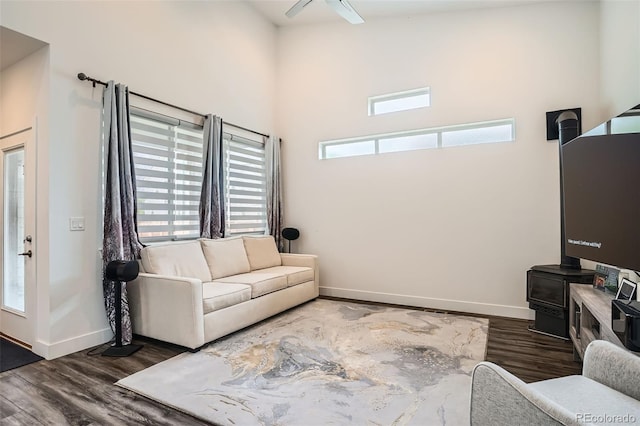10095 E 59th Ave, Denver, CO 80238 - living room with plenty of natural light, wood finished floors, a wood stove, and a high ceiling