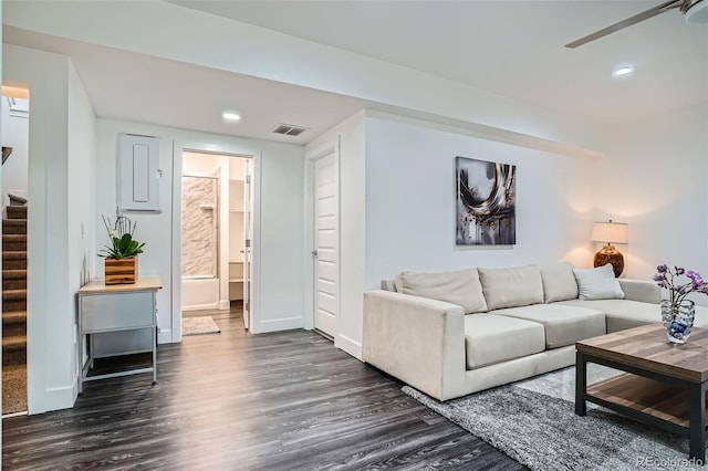 10095 E 59th Ave, Denver, CO 80238 - living area with dark wood-style flooring, stairs, ceiling fan, and recessed lighting