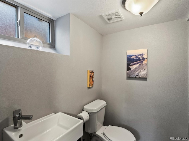 half bath with a sink, toilet, and a textured wall