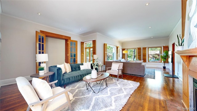 living room featuring dark wood-type flooring and ornamental molding