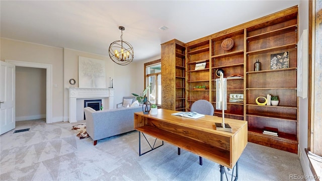 carpeted office space featuring a chandelier