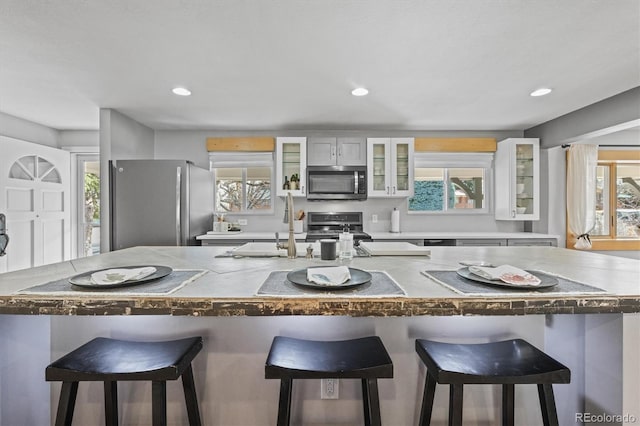 kitchen with plenty of natural light, appliances with stainless steel finishes, and a breakfast bar