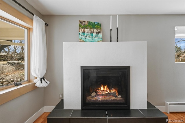 room details with a baseboard heating unit, wood finished floors, baseboards, and a glass covered fireplace