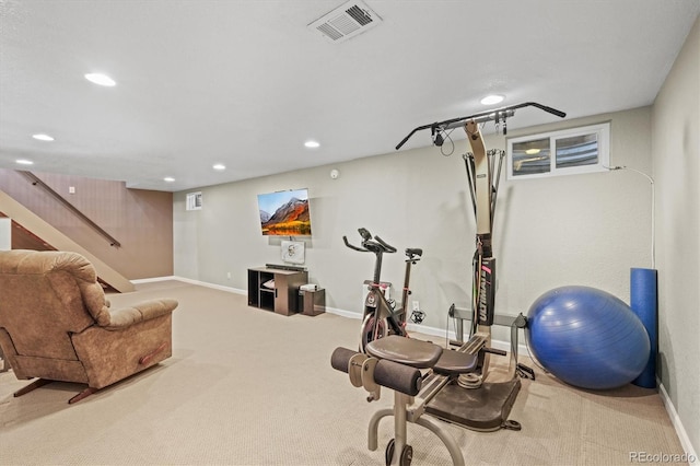 workout room with visible vents, recessed lighting, carpet flooring, and baseboards