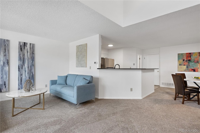 carpeted living room with a textured ceiling