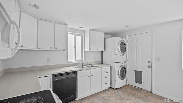 28571/2 Teller Ave, Grand Junction, CO 81501 - kitchen featuring black dishwasher, estacked washer and dryer, white microwave, white cabinets, and light countertops