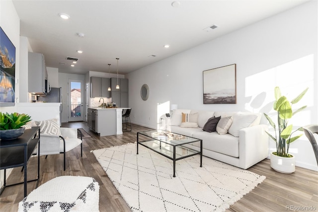 living room featuring sink and light hardwood / wood-style floors