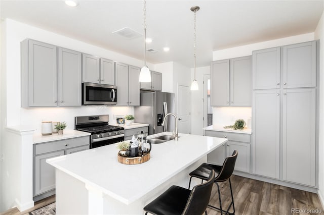 kitchen with gray cabinets, appliances with stainless steel finishes, sink, and a center island with sink