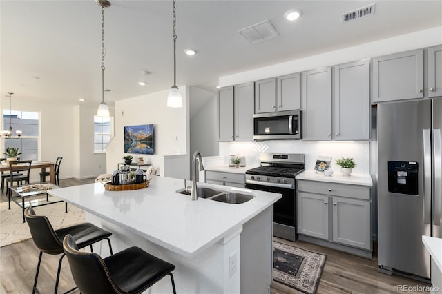 kitchen with sink, gray cabinetry, hanging light fixtures, stainless steel appliances, and an island with sink