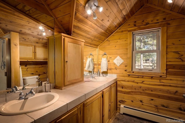 5030 Cedar Way, Elizabeth, CO 80107 - bathroom with baseboard heating, wood walls, vaulted ceiling, wood ceiling, and double vanity