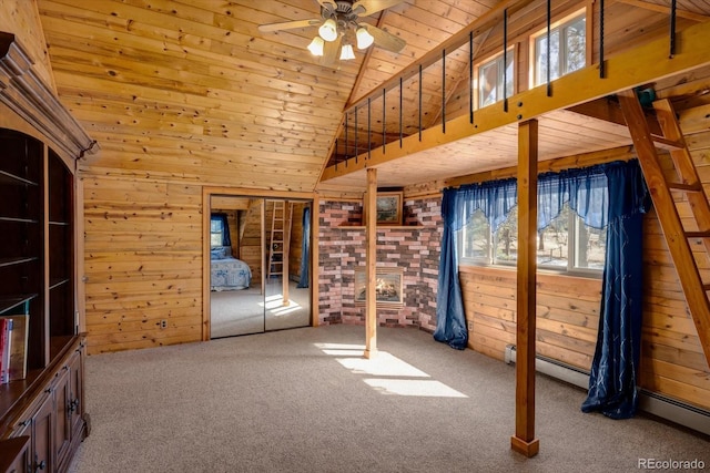5030 Cedar Way, Elizabeth, CO 80107 - unfurnished bedroom with wood ceiling, wooden walls, carpet floors, and lofted ceiling