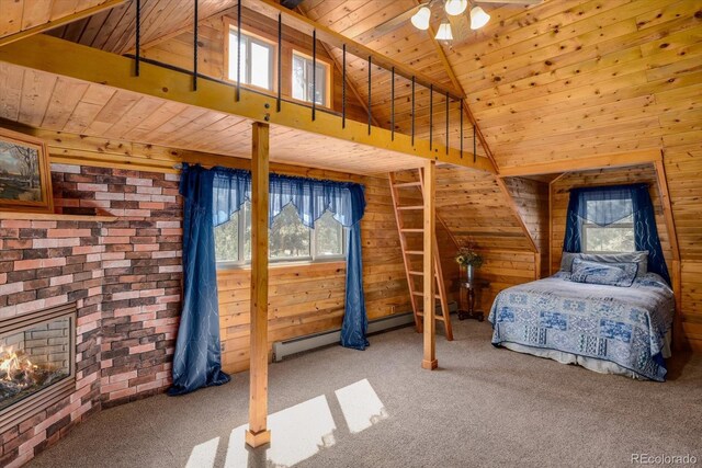 5030 Cedar Way, Elizabeth, CO 80107 - carpeted bedroom with wooden ceiling, wooden walls, lofted ceiling, a fireplace, and baseboard heating