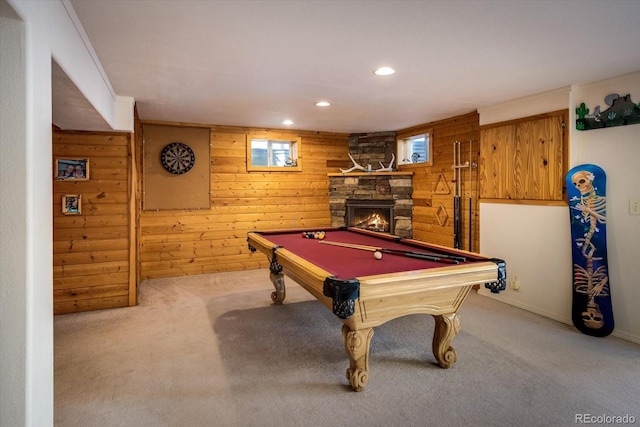 5030 Cedar Way, Elizabeth, CO 80107 - recreation room with wooden walls, carpet, billiards, a fireplace, and recessed lighting