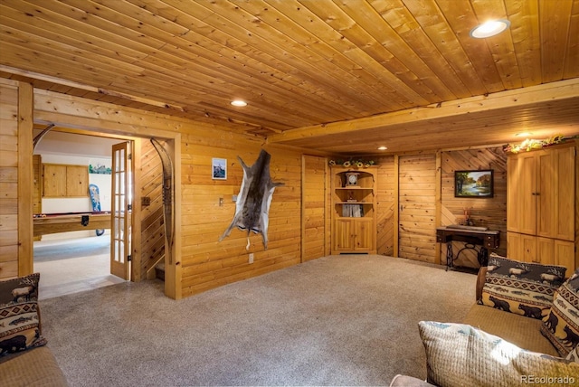 5030 Cedar Way, Elizabeth, CO 80107 - living room featuring carpet floors, wood walls, wooden ceiling, and recessed lighting
