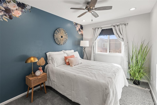 carpeted bedroom featuring a ceiling fan, recessed lighting, and baseboards