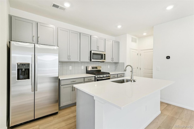 kitchen with appliances with stainless steel finishes, a sink, gray cabinets, light wood-style floors, and recessed lighting