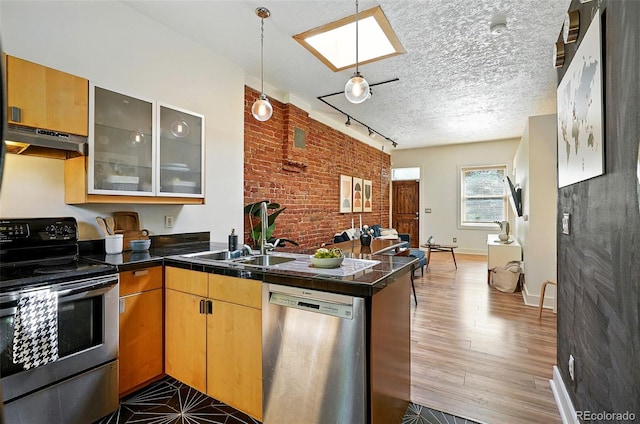 361 Elati St, Denver, CO 80223 - kitchen featuring stainless steel appliances, a peninsula, brick wall, under cabinet range hood, and rail lighting