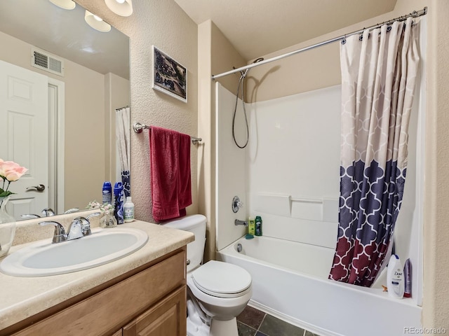 full bathroom with shower / bath combination with curtain, vanity, and toilet