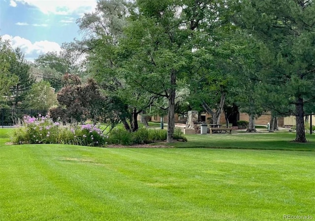 view of community with a lawn and fence