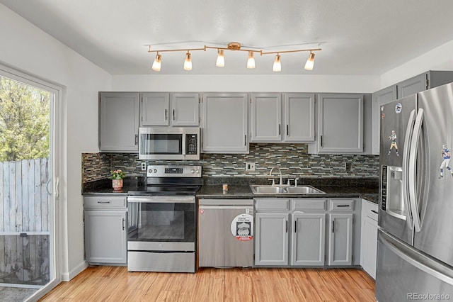 kitchen with gray cabinets, backsplash, appliances with stainless steel finishes, a sink, and light wood-style floors