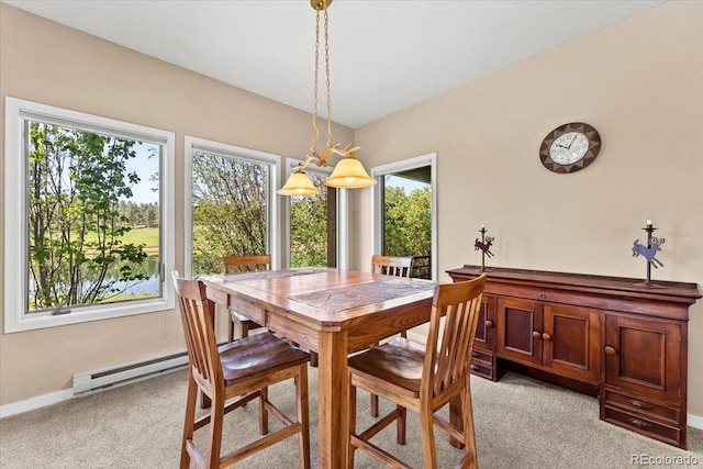 378 Fox Acres Dr W, Red Feather Lakes, CO 80545 - dining space with light colored carpet, healthy amount of natural light, and baseboard heating