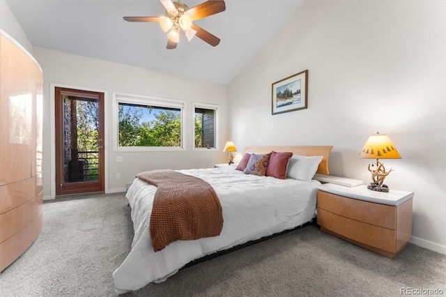 378 Fox Acres Dr W, Red Feather Lakes, CO 80545 - bedroom with access to exterior, light carpet, a ceiling fan, and high vaulted ceiling