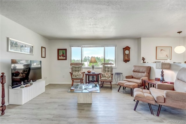 living room with hardwood / wood-style flooring and a textured ceiling