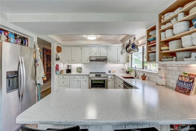 kitchen with kitchen peninsula, white cabinets, backsplash, and appliances with stainless steel finishes