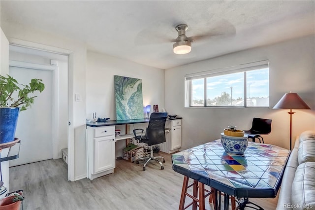 office space with ceiling fan and light hardwood / wood-style flooring