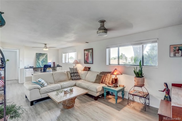 living room with ceiling fan and light hardwood / wood-style flooring