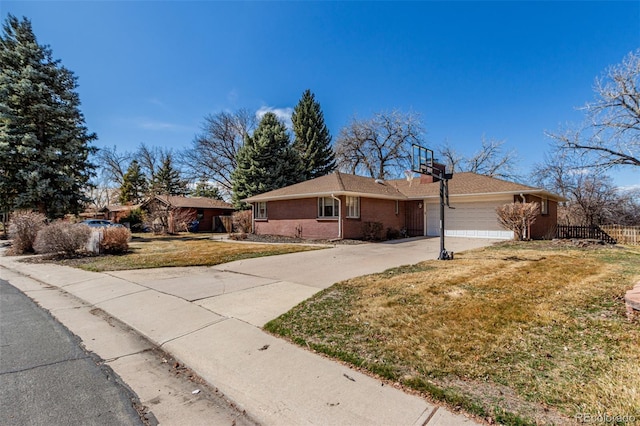 single story home featuring driveway, brick siding, an attached garage, and a front lawn