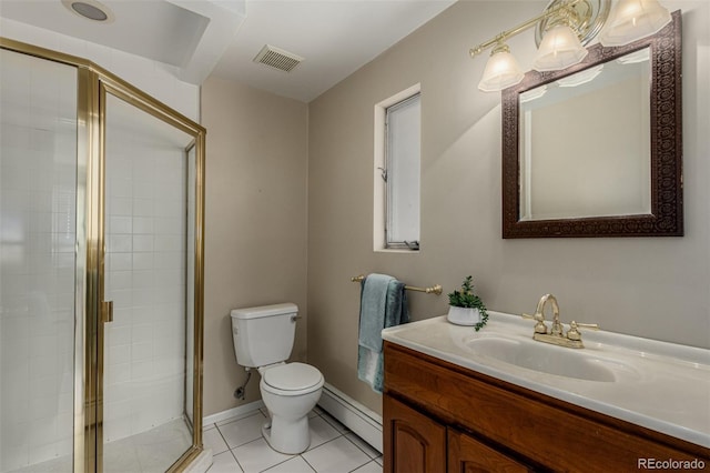 bathroom featuring visible vents, toilet, a shower stall, tile patterned flooring, and baseboard heating