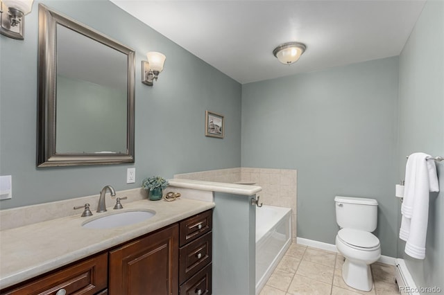 full bathroom featuring vanity, baseboards, a baseboard radiator, a garden tub, and toilet