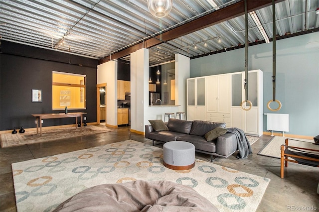 living room featuring concrete flooring and radiator heating unit